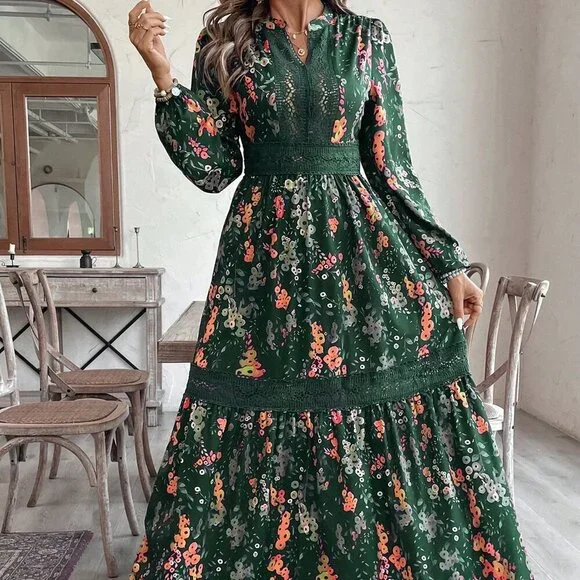 Green Boho Elegant Women's Floral Lace Trim Maxi Dress
